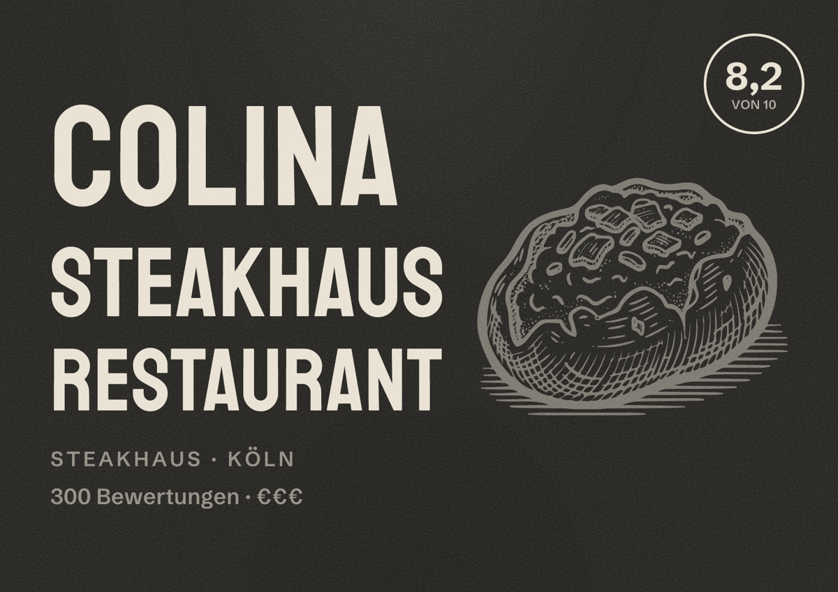 Illustriertes Poster von Colina Steakhaus Restaurant, Steakhaus in Köln: Bewertung 8,2 von 10 aus 300 Bewertungen, Preisniveau €€€
