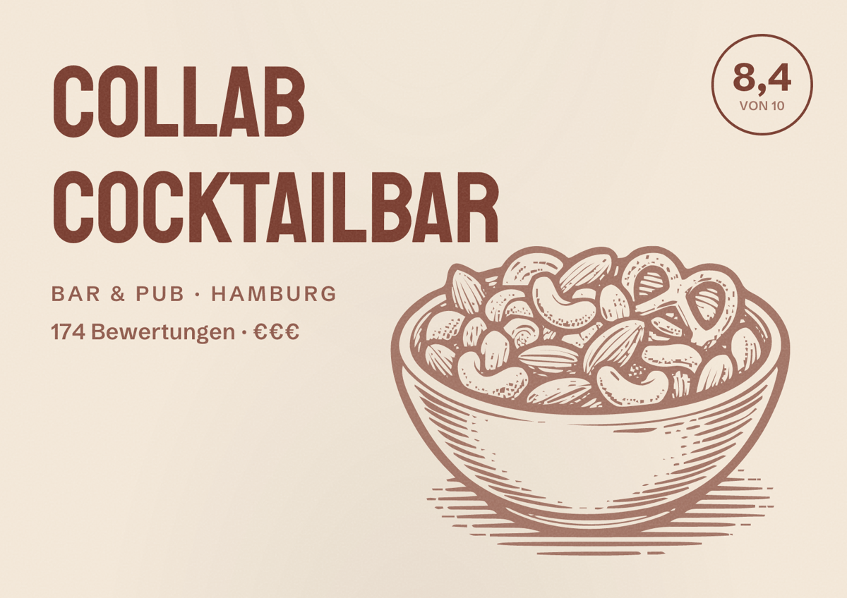 Illustriertes Poster von COLLAB Cocktailbar, Bar & Pub in Hamburg: Bewertung 8,4 von 10 aus 174 Bewertungen, Preisniveau €€€