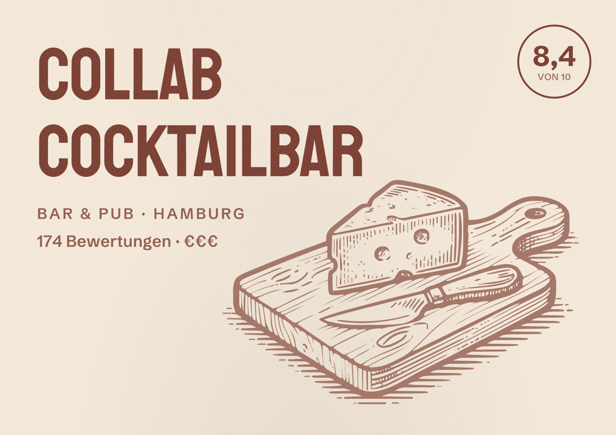Illustriertes Poster von COLLAB Cocktailbar, Bar & Pub in Hamburg: Bewertung 8,4 von 10 aus 174 Bewertungen, Preisniveau €€€