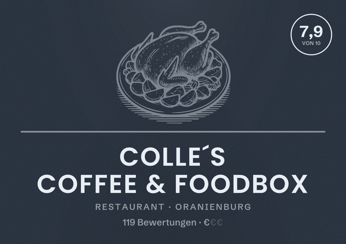 Illustriertes Poster von Colle´s Coffee & Foodbox, Restaurant in Oranienburg: Bewertung 7,9 von 10 aus 119 Bewertungen, Preisniveau €