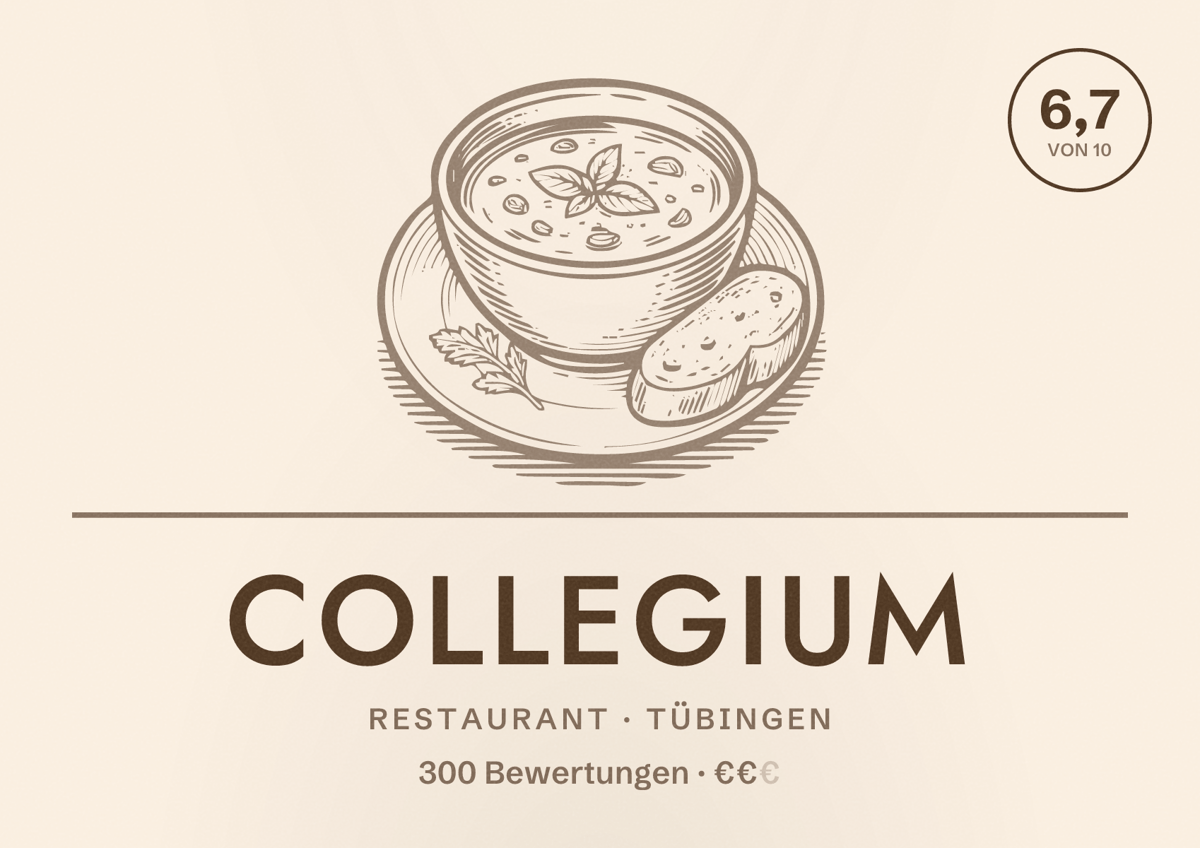 Illustriertes Poster von Collegium, Restaurant in Tübingen: Bewertung 6,7 von 10 aus 300 Bewertungen, Preisniveau €€
