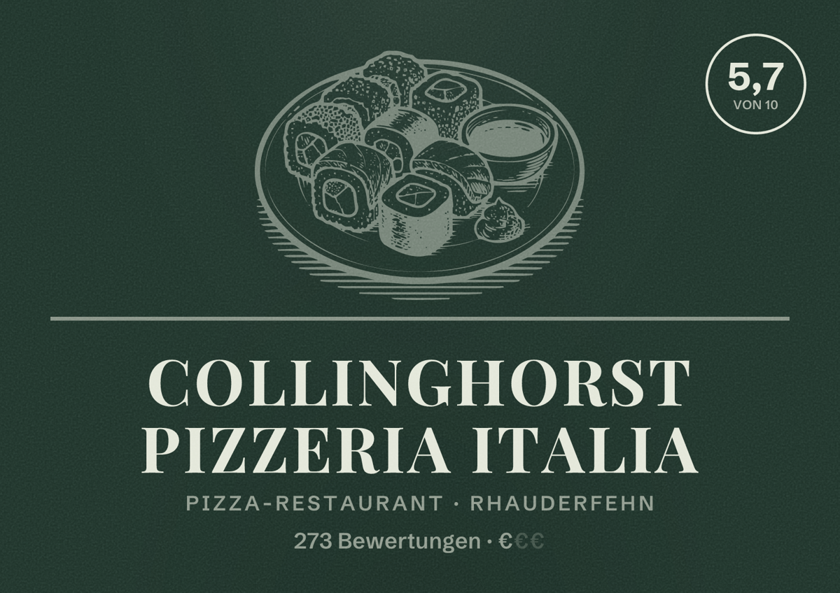 Illustriertes Poster von Collinghorst Pizzeria Italia, Pizza-Restaurant in Rhauderfehn: Bewertung 5,7 von 10 aus 273 Bewertungen, Preisniveau €