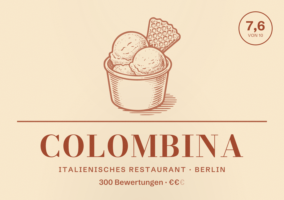 Illustriertes Poster von Colombina, Italienisches Restaurant in Berlin: Bewertung 7,6 von 10 aus 300 Bewertungen, Preisniveau €€