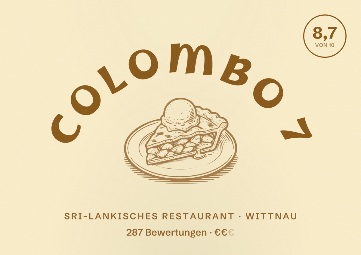 Illustriertes Poster von Colombo 7, Sri-Lankisches Restaurant in Wittnau: Bewertung 8,7 von 10 aus 287 Bewertungen, Preisniveau €€