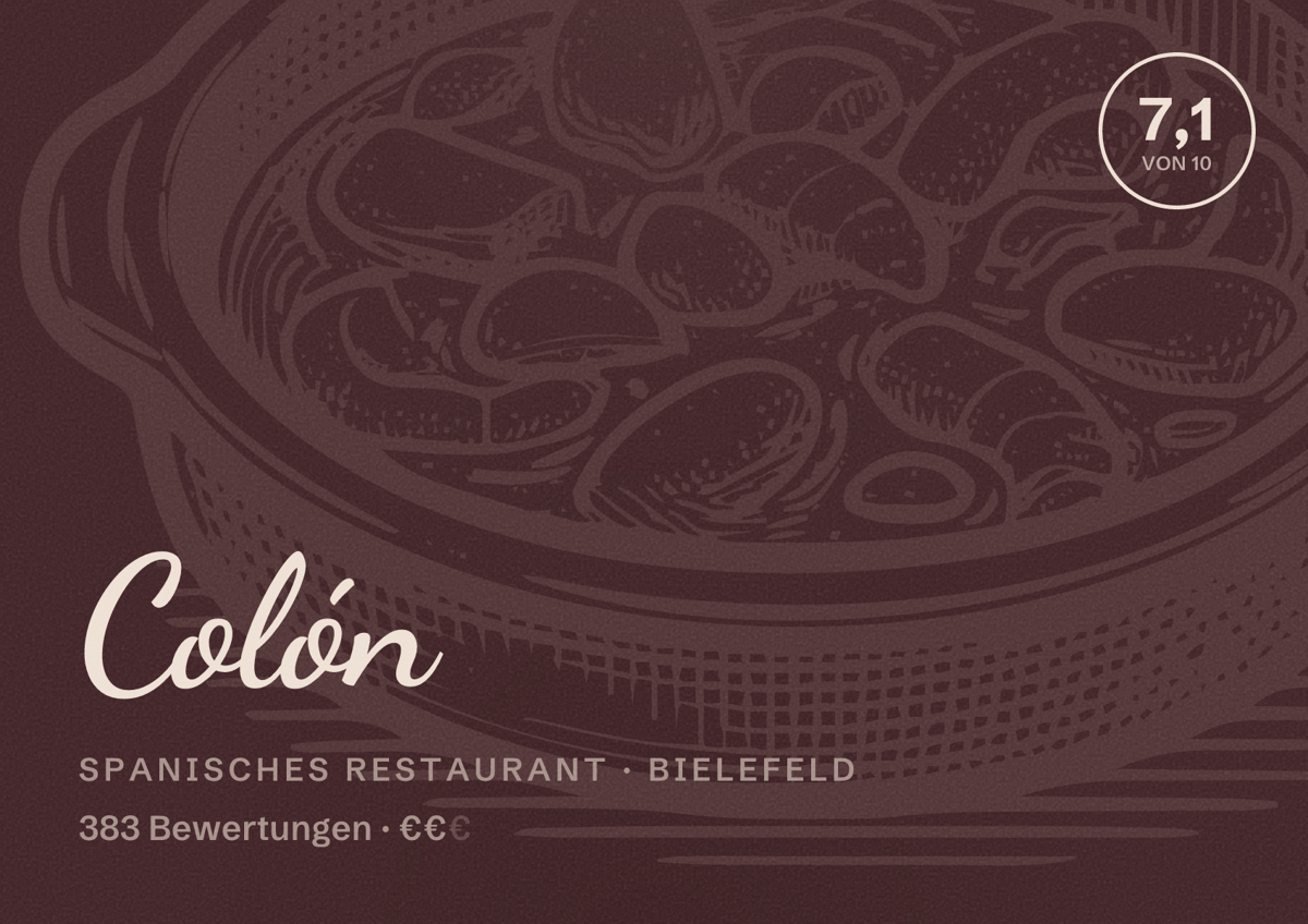 Illustriertes Poster von Colón, Spanisches Restaurant in Bielefeld: Bewertung 7,1 von 10 aus 383 Bewertungen, Preisniveau €€