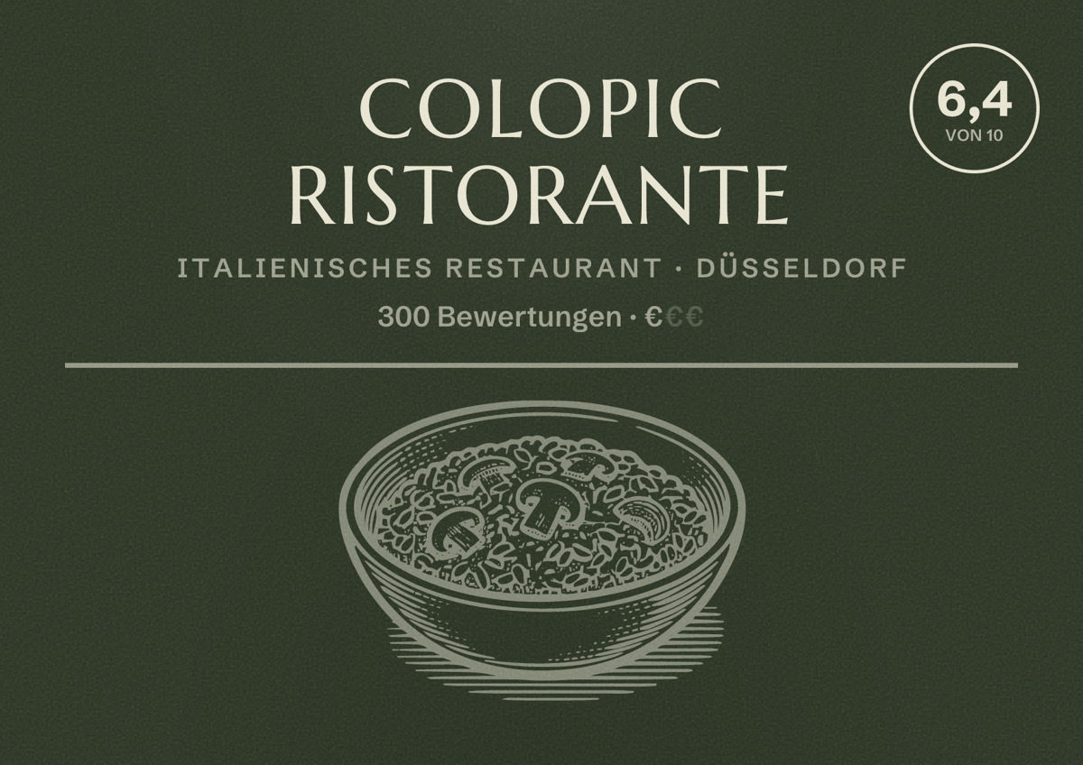 Illustriertes Poster von Colopic Ristorante, Italienisches Restaurant in Düsseldorf: Bewertung 6,4 von 10 aus 300 Bewertungen, Preisniveau €