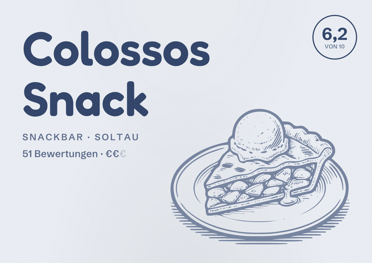 Illustriertes Poster von Colossos Snack, Snackbar in Soltau: Bewertung 6,2 von 10 aus 51 Bewertungen, Preisniveau €€