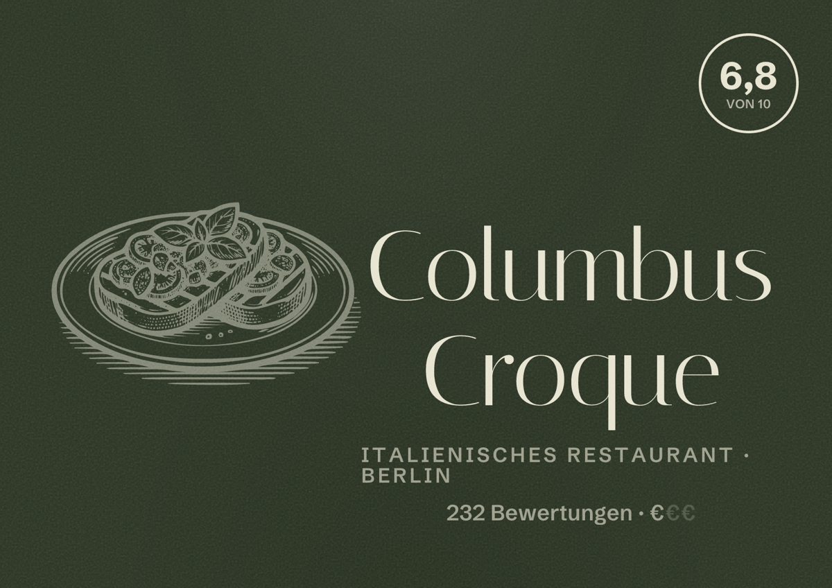Illustriertes Poster von Columbus Croque, Italienisches Restaurant in Berlin: Bewertung 6,8 von 10 aus 232 Bewertungen, Preisniveau €