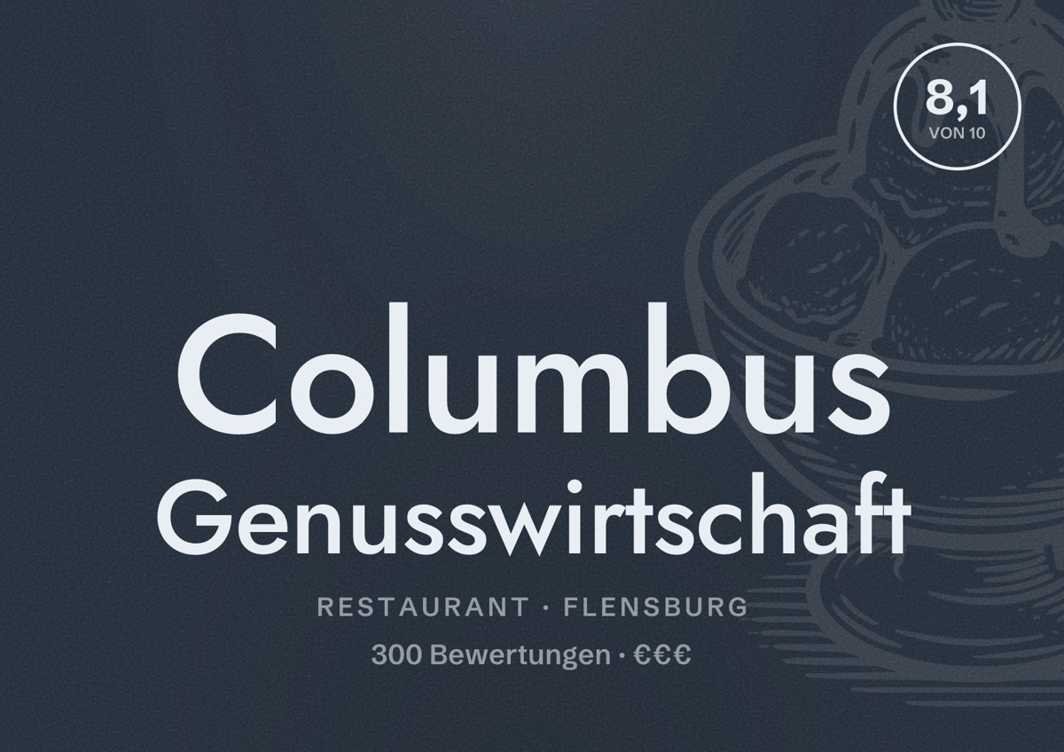 Illustriertes Poster von Columbus Genusswirtschaft, Restaurant in Flensburg: Bewertung 8,1 von 10 aus 300 Bewertungen, Preisniveau €€€