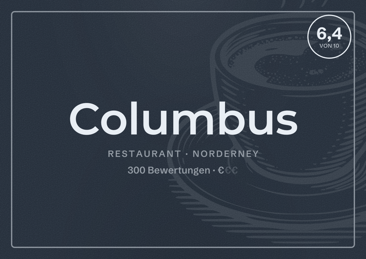Illustriertes Poster von Columbus, Restaurant in Norderney: Bewertung 6,4 von 10 aus 300 Bewertungen, Preisniveau €