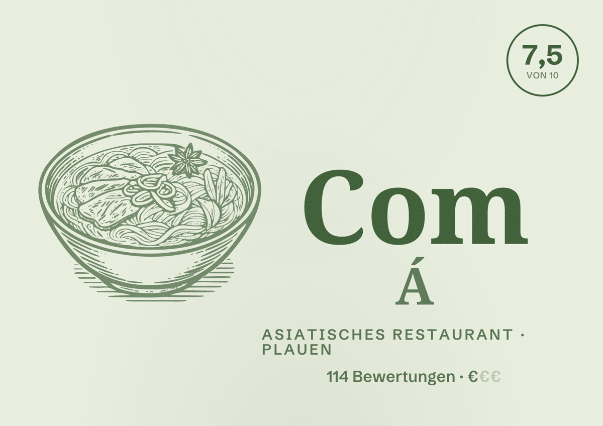 Illustriertes Poster von Com Á, Asiatisches Restaurant in Plauen: Bewertung 7,5 von 10 aus 114 Bewertungen, Preisniveau €