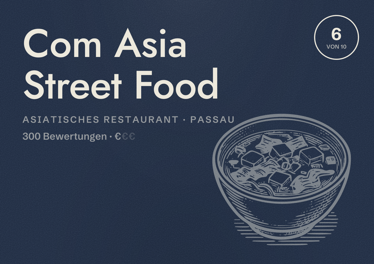 Illustriertes Poster von Com Asia Street Food, Asiatisches Restaurant in Passau: Bewertung 6 von 10 aus 300 Bewertungen, Preisniveau €