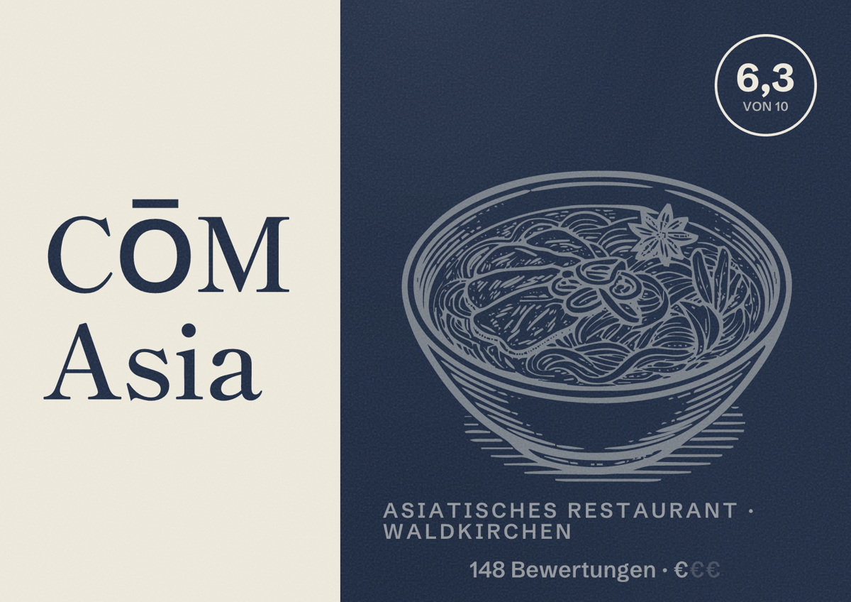 Illustriertes Poster von CŌM Asia, Asiatisches Restaurant in Waldkirchen: Bewertung 6,3 von 10 aus 148 Bewertungen, Preisniveau €