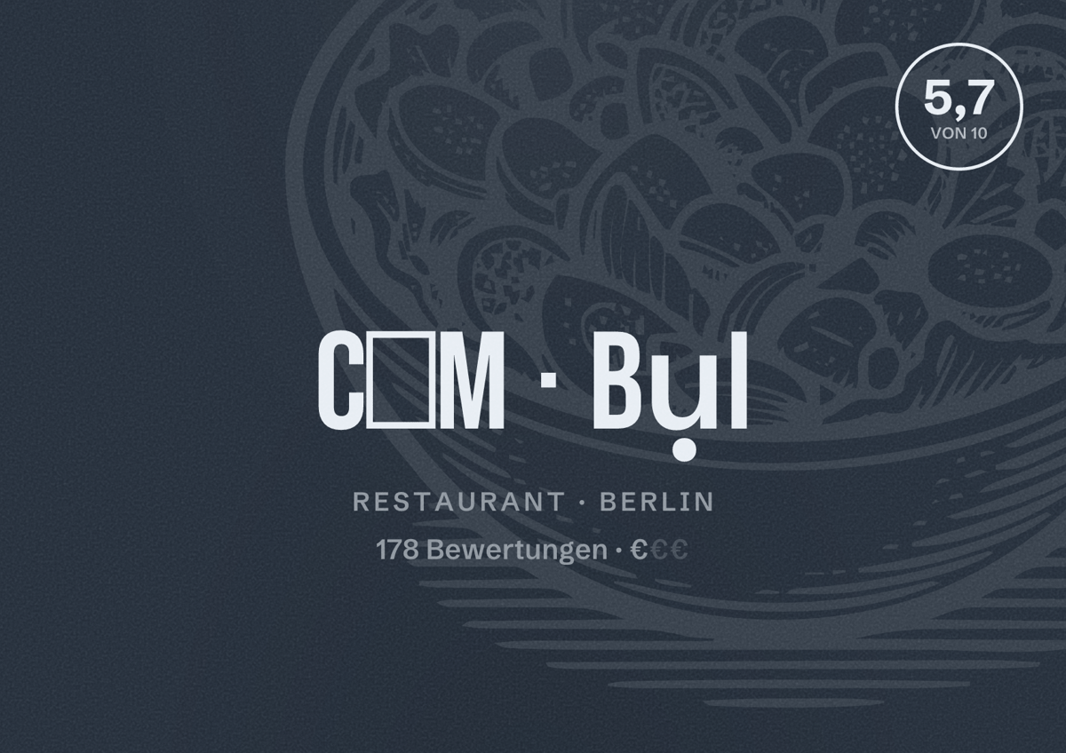 Illustriertes Poster von Cơm Bụi, Restaurant in Berlin: Bewertung 5,7 von 10 aus 178 Bewertungen, Preisniveau €