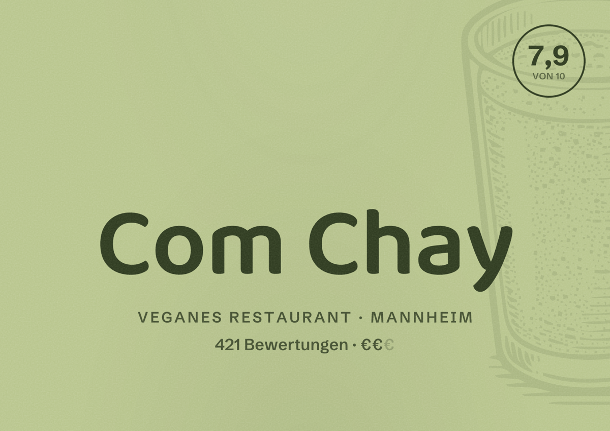 Illustriertes Poster von Com Chay, Veganes Restaurant in Mannheim: Bewertung 7,9 von 10 aus 421 Bewertungen, Preisniveau €€