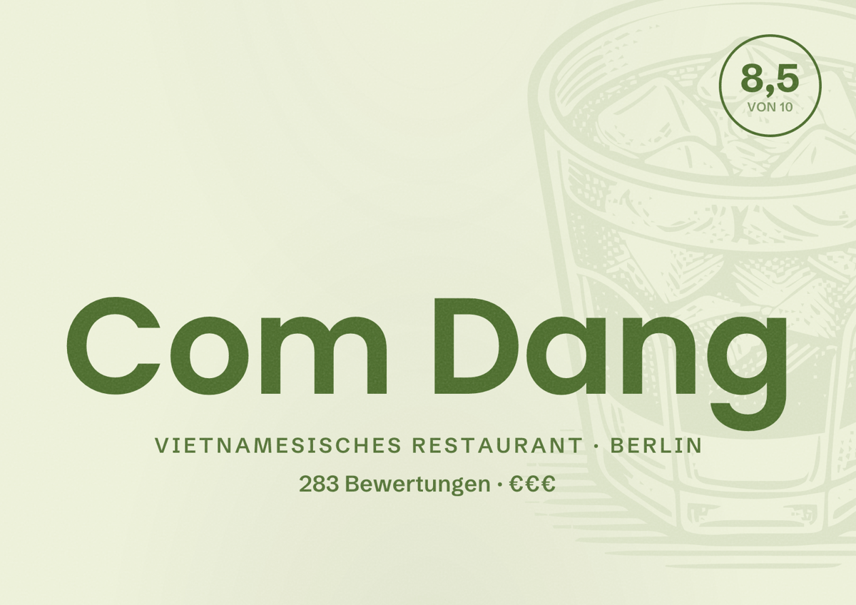 Illustriertes Poster von Com Dang, Vietnamesisches Restaurant in Berlin: Bewertung 8,5 von 10 aus 283 Bewertungen, Preisniveau €€€