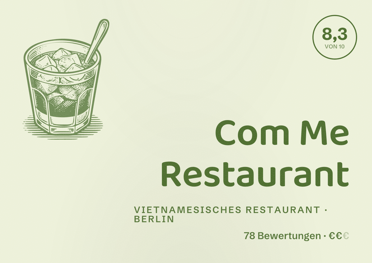Illustriertes Poster von Com Me Restaurant, Vietnamesisches Restaurant in Berlin: Bewertung 8,3 von 10 aus 78 Bewertungen, Preisniveau €€