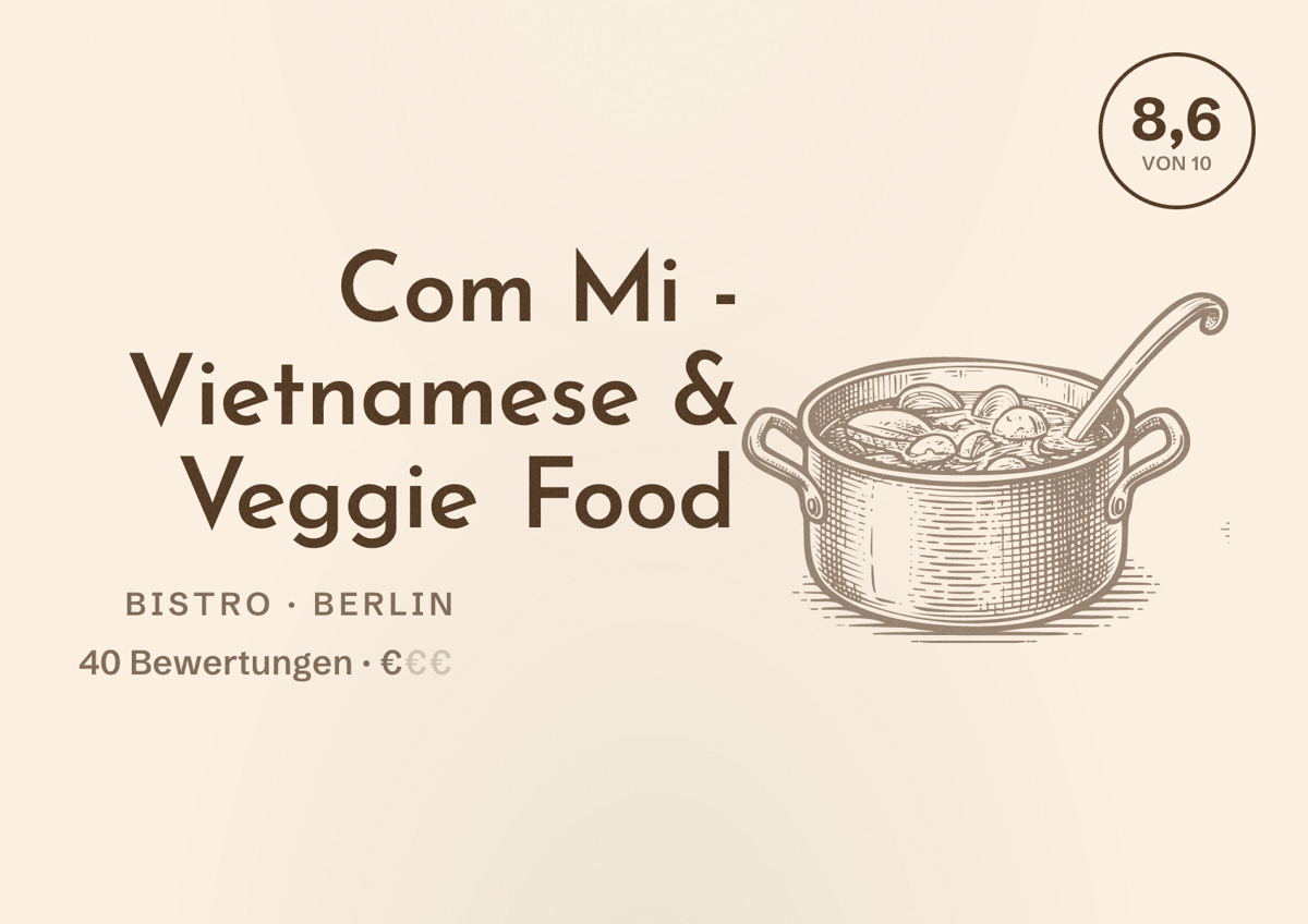 Illustriertes Poster von Com Mi - Vietnamese & Veggie Food, Bistro in Berlin: Bewertung 8,6 von 10 aus 40 Bewertungen, Preisniveau €
