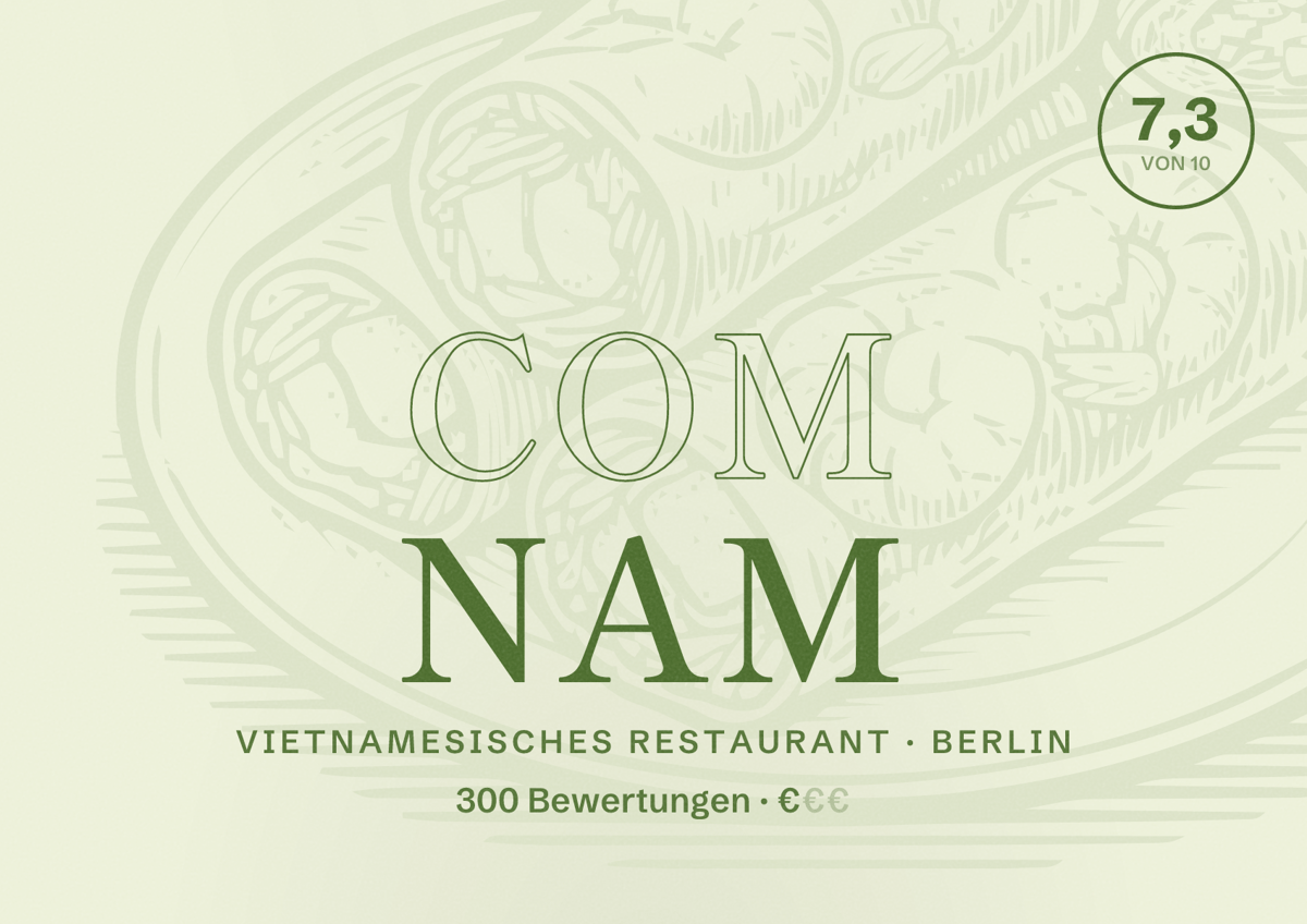 Illustriertes Poster von Com Nam, Vietnamesisches Restaurant in Berlin: Bewertung 7,3 von 10 aus 300 Bewertungen, Preisniveau €
