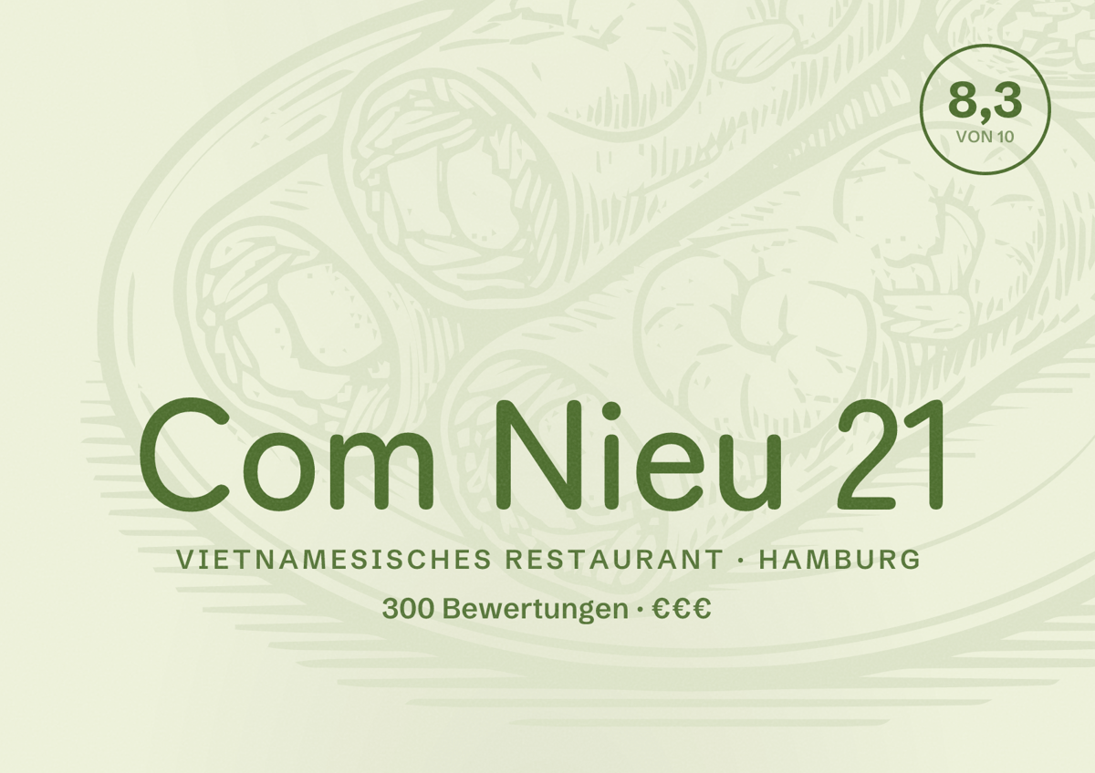 Illustriertes Poster von Com Nieu 21, Vietnamesisches Restaurant in Hamburg: Bewertung 8,3 von 10 aus 300 Bewertungen, Preisniveau €€€
