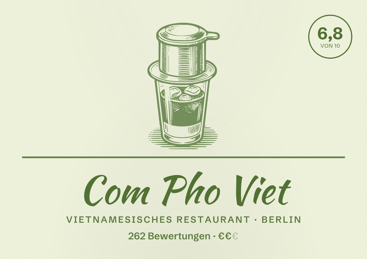 Illustriertes Poster von Com Pho Viet, Vietnamesisches Restaurant in Berlin: Bewertung 6,8 von 10 aus 262 Bewertungen, Preisniveau €€