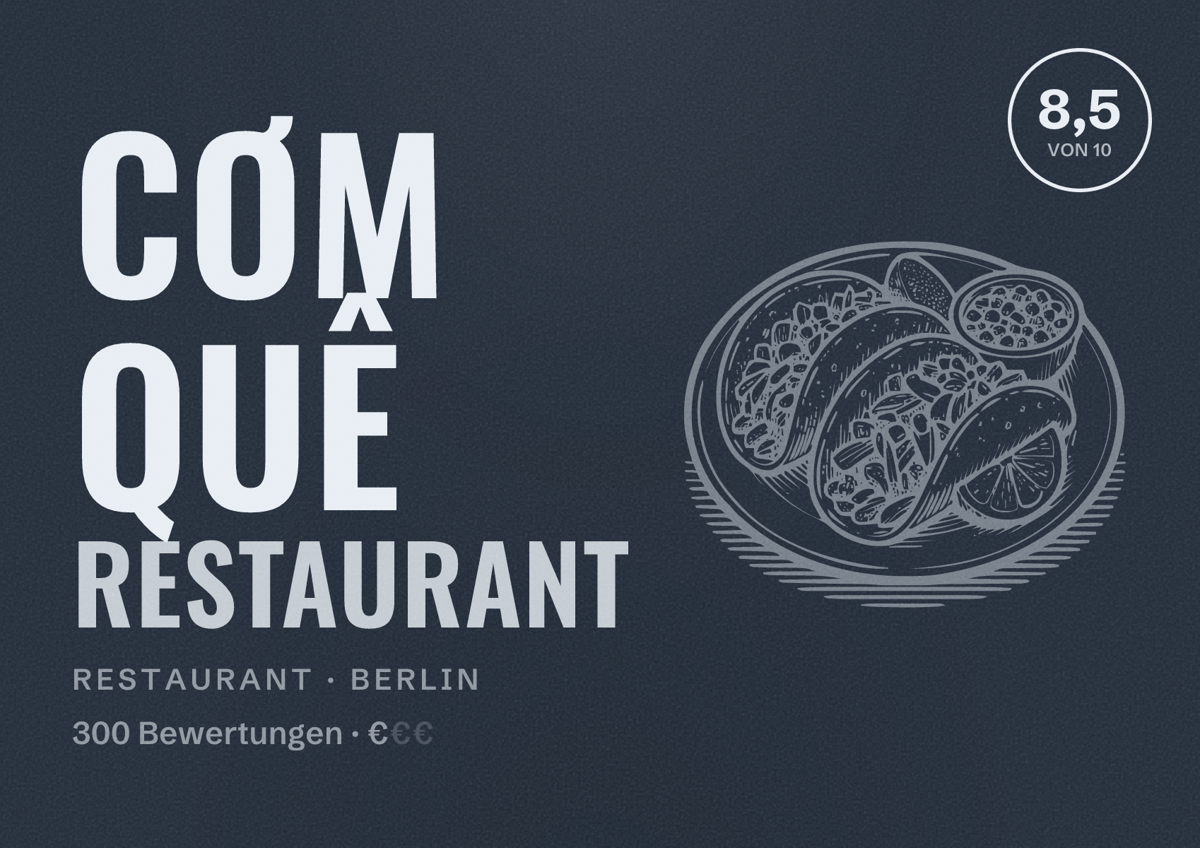 Illustriertes Poster von Cơm Quê Restaurant, Restaurant in Berlin: Bewertung 8,5 von 10 aus 300 Bewertungen, Preisniveau €