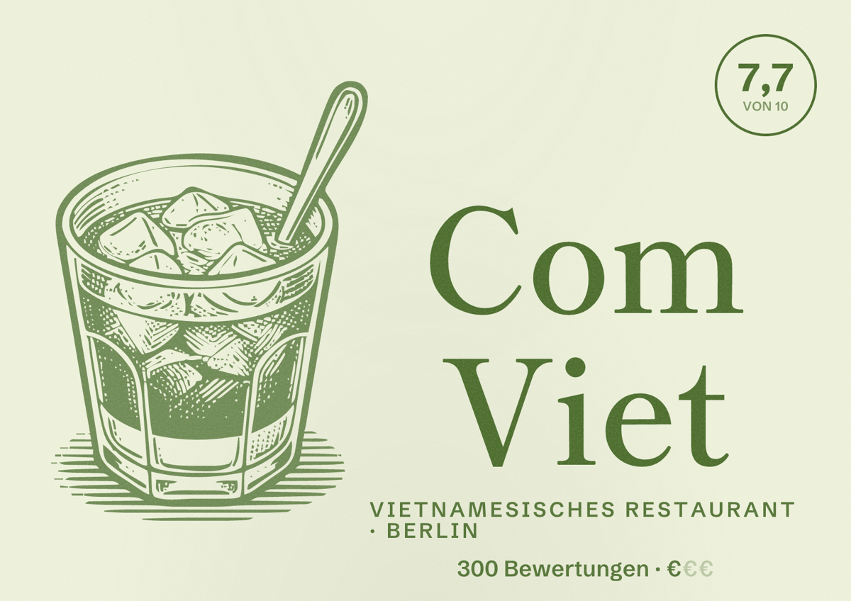 Illustriertes Poster von Com Viet, Vietnamesisches Restaurant in Berlin: Bewertung 7,7 von 10 aus 300 Bewertungen, Preisniveau €