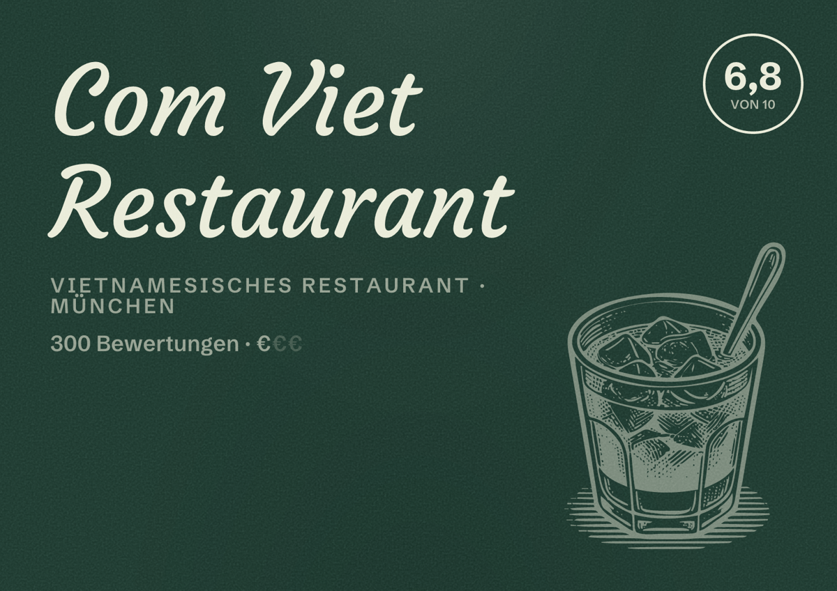 Illustriertes Poster von Com Viet Restaurant, Vietnamesisches Restaurant in München: Bewertung 6,8 von 10 aus 300 Bewertungen, Preisniveau €
