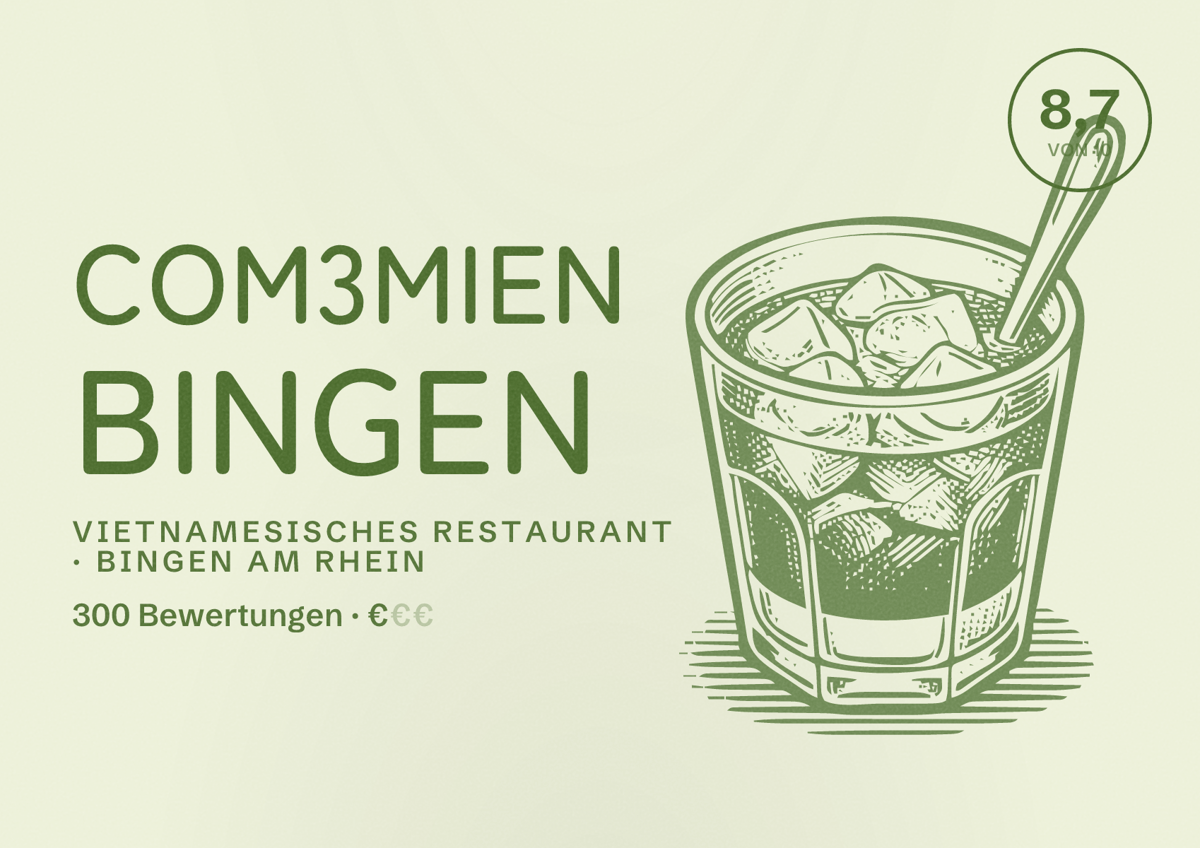 Illustriertes Poster von Com3Mien Bingen, Vietnamesisches Restaurant in Bingen am Rhein: Bewertung 8,7 von 10 aus 300 Bewertungen, Preisniveau €