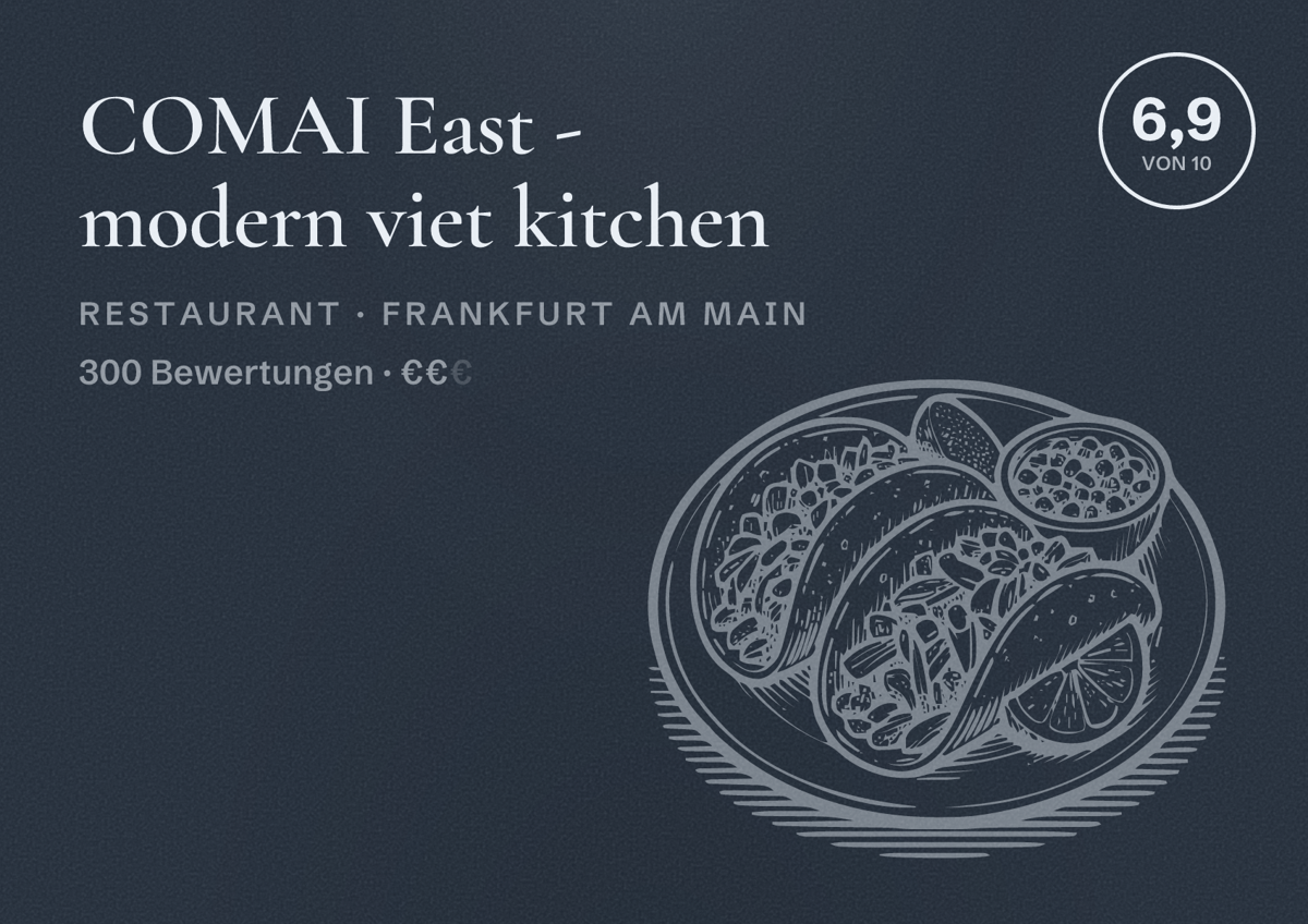 Illustriertes Poster von COMAI East - modern viet kitchen, Restaurant in Frankfurt am Main: Bewertung 6,9 von 10 aus 300 Bewertungen, Preisniveau €€