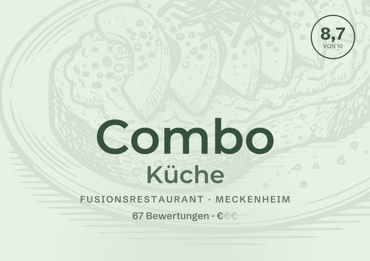 Illustriertes Poster von Combo Küche, Fusionsrestaurant in Meckenheim: Bewertung 8,7 von 10 aus 67 Bewertungen, Preisniveau €
