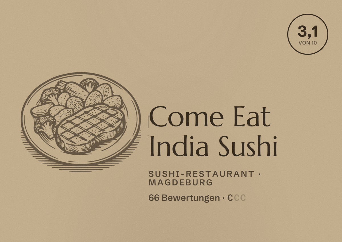 Illustriertes Poster von Come Eat India Sushi, Sushi-Restaurant in Magdeburg: Bewertung 3,1 von 10 aus 66 Bewertungen, Preisniveau €