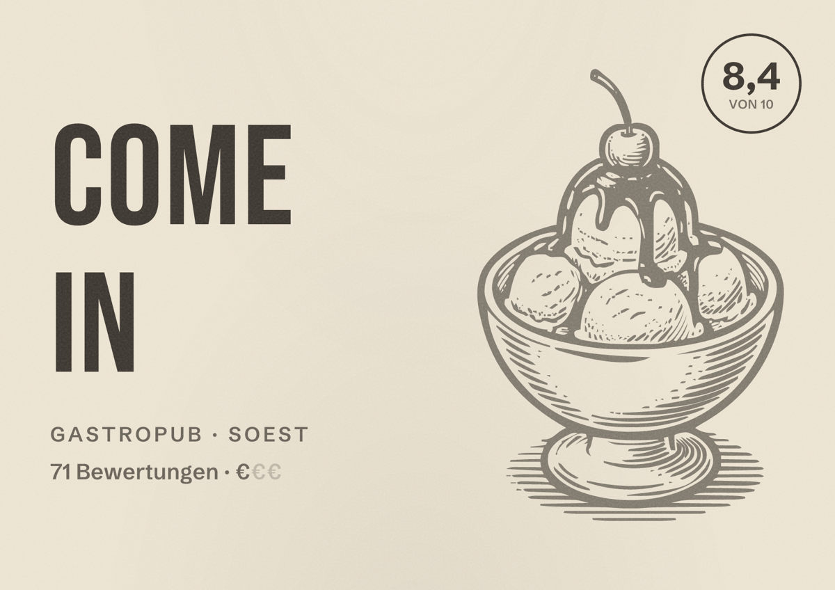 Illustriertes Poster von Come In, Gastropub in Soest: Bewertung 8,4 von 10 aus 71 Bewertungen, Preisniveau €