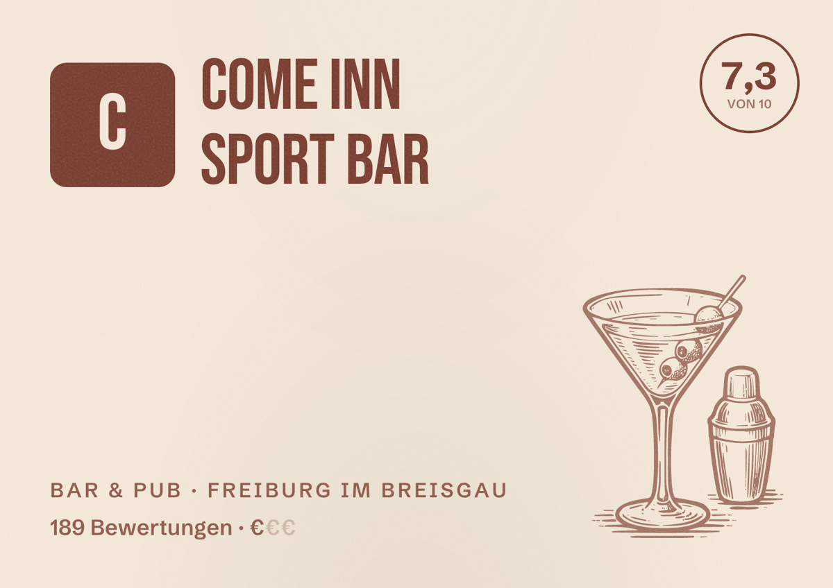 Illustriertes Poster von Come Inn Sport Bar, Bar & Pub in Freiburg im Breisgau: Bewertung 7,3 von 10 aus 189 Bewertungen, Preisniveau €