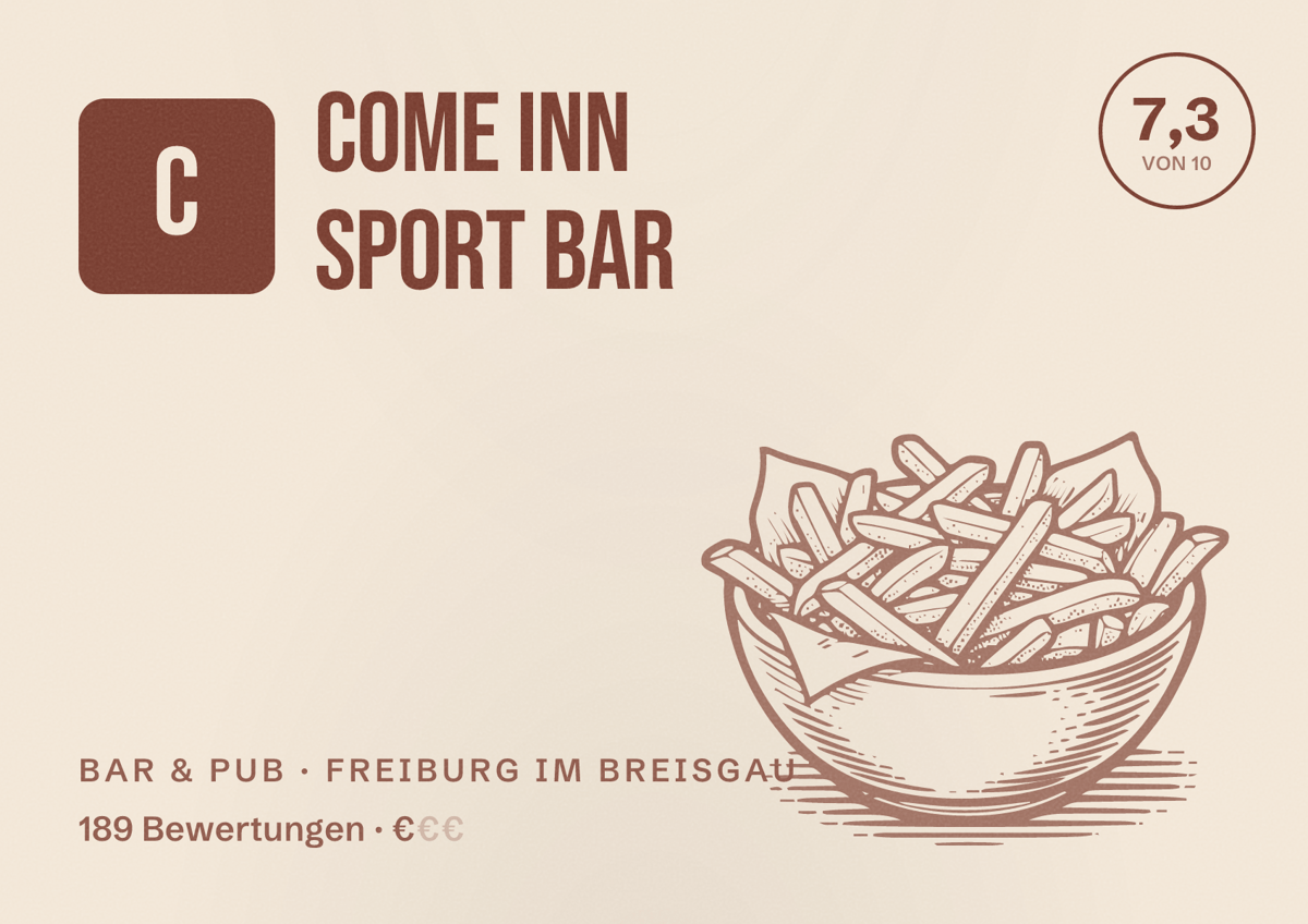 Illustriertes Poster von Come Inn Sport Bar, Bar & Pub in Freiburg im Breisgau: Bewertung 7,3 von 10 aus 189 Bewertungen, Preisniveau €
