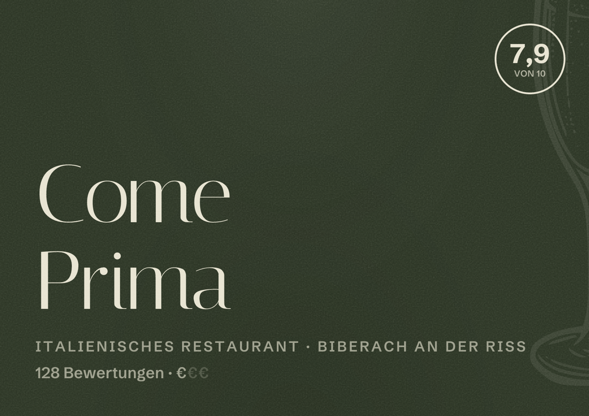 Illustriertes Poster von Come Prima, Italienisches Restaurant in Biberach an der Riß: Bewertung 7,9 von 10 aus 128 Bewertungen, Preisniveau €
