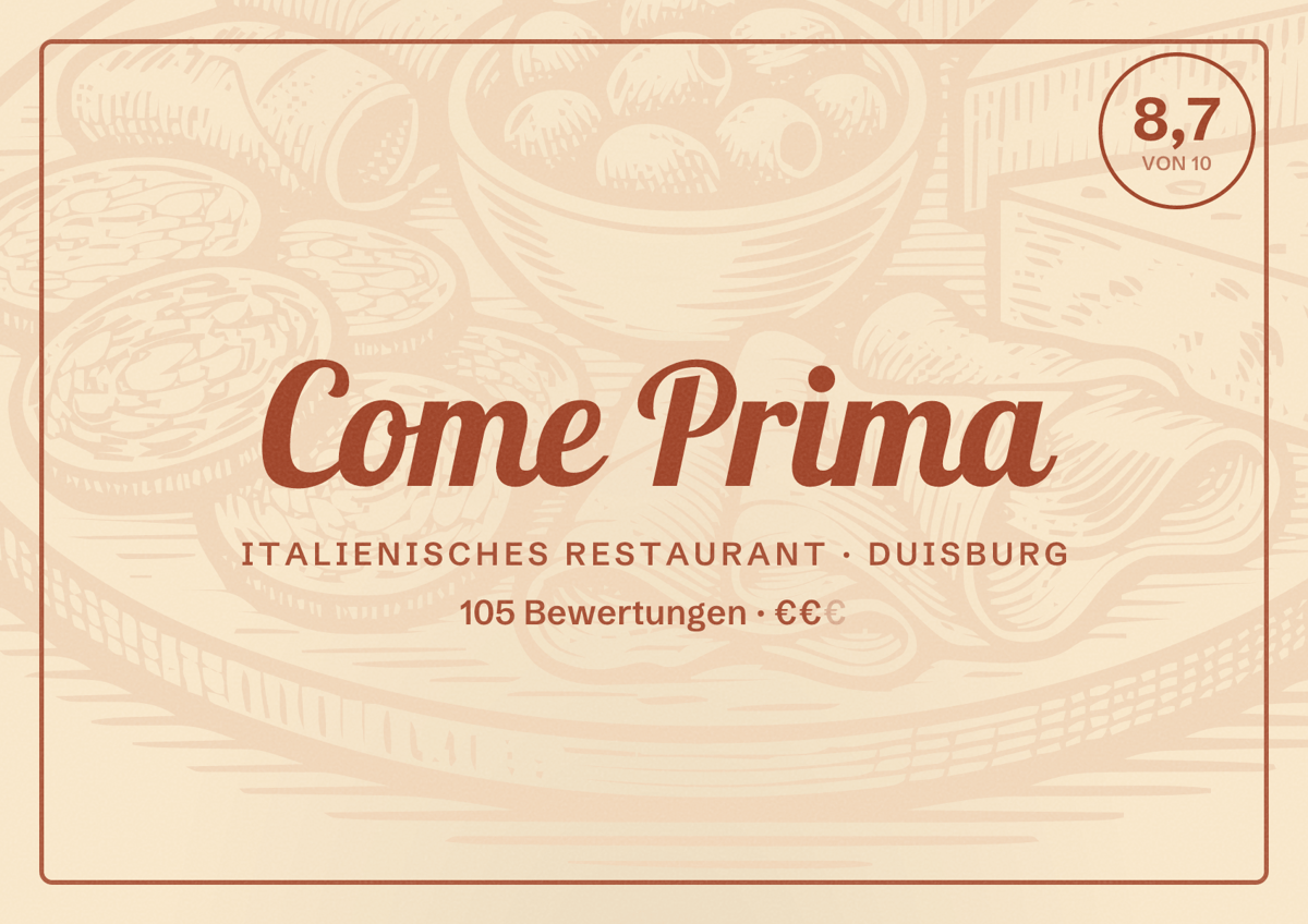 Illustriertes Poster von Come Prima, Italienisches Restaurant in Duisburg: Bewertung 8,7 von 10 aus 105 Bewertungen, Preisniveau €€