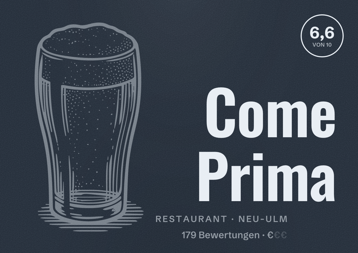 Illustriertes Poster von Come Prima, Restaurant in Neu-Ulm: Bewertung 6,6 von 10 aus 179 Bewertungen, Preisniveau €
