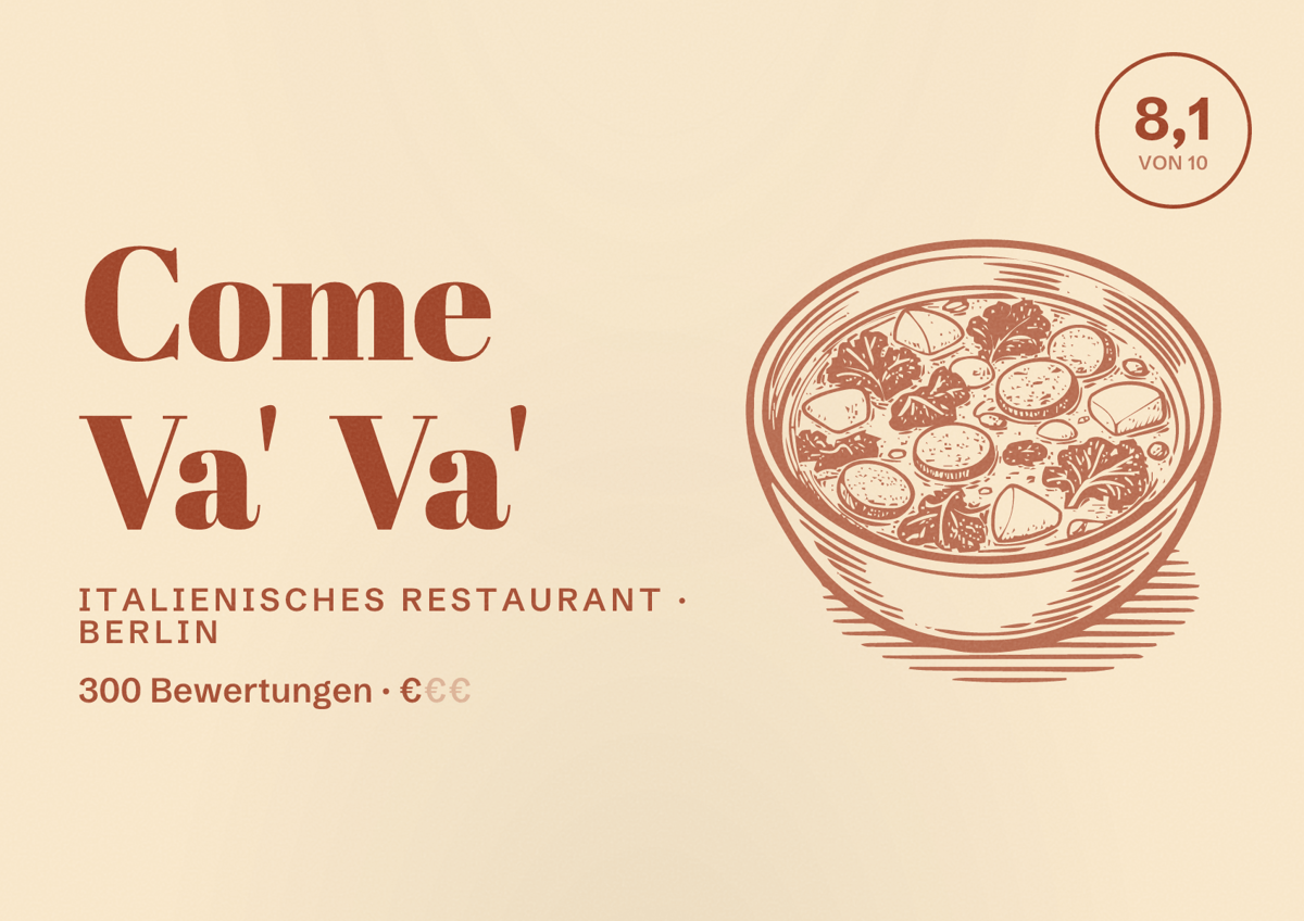 Illustriertes Poster von Come Va' Va', Italienisches Restaurant in Berlin: Bewertung 8,1 von 10 aus 300 Bewertungen, Preisniveau €