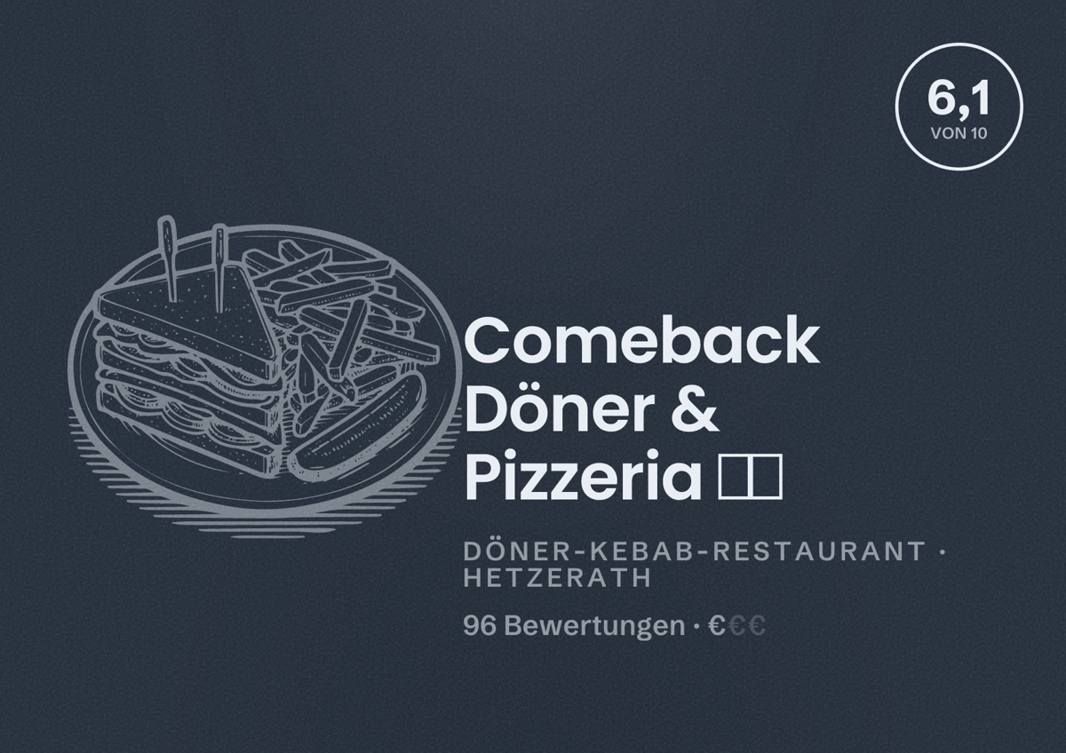 Illustriertes Poster von Comeback Döner & Pizzeria 🍕🍔, Döner-Kebab-Restaurant in Hetzerath: Bewertung 6,1 von 10 aus 96 Bewertungen, Preisniveau €