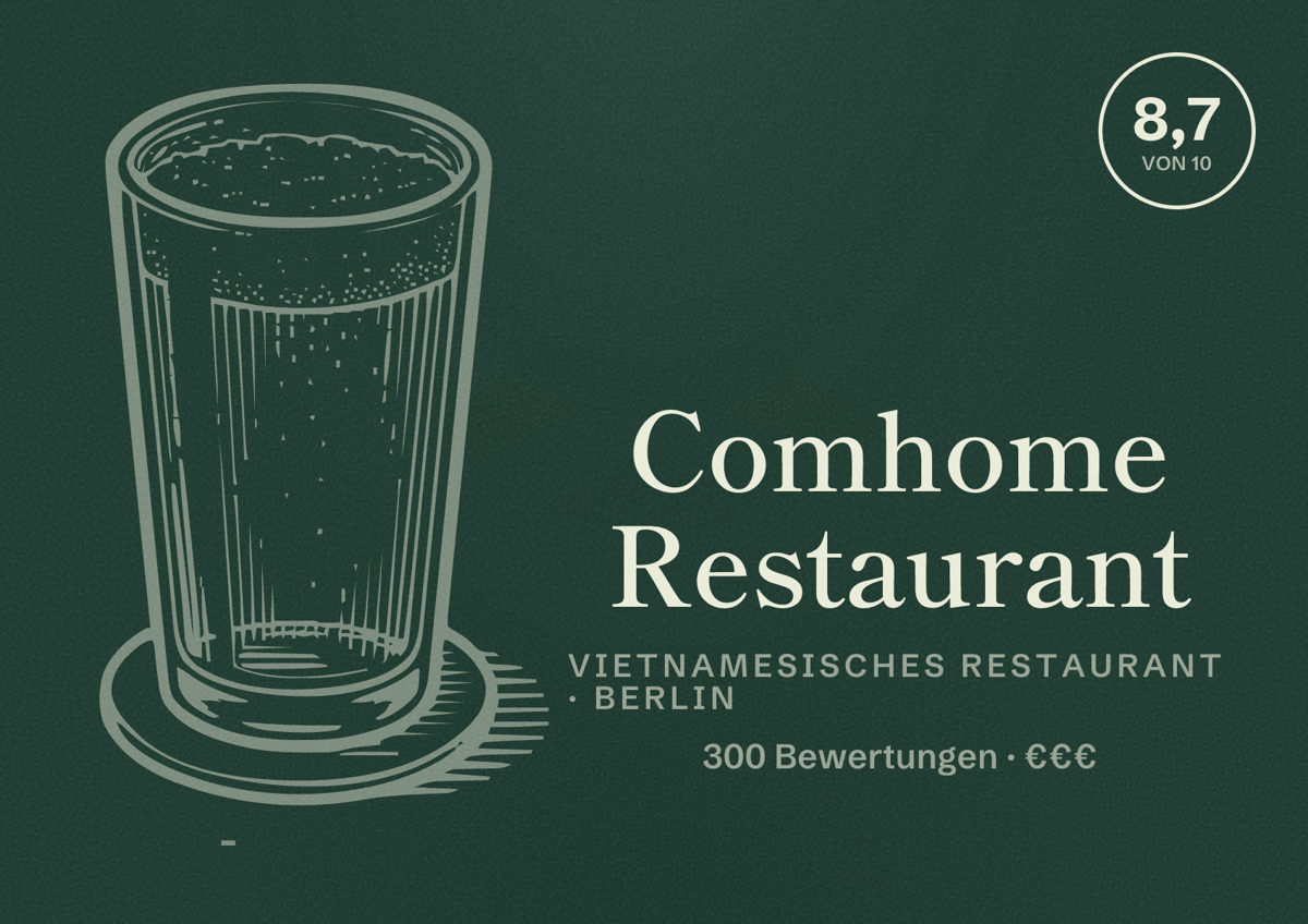 Illustriertes Poster von Comhome Restaurant, Vietnamesisches Restaurant in Berlin: Bewertung 8,7 von 10 aus 300 Bewertungen, Preisniveau €€€