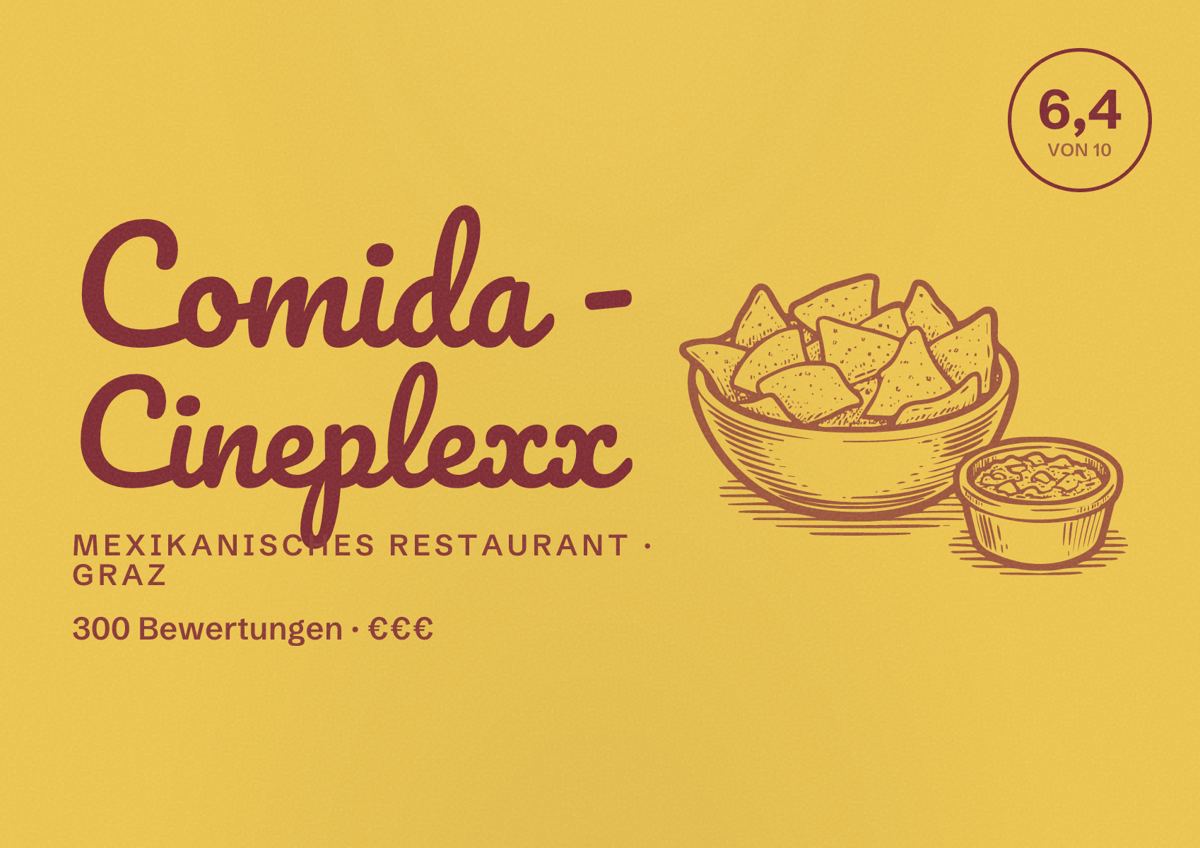Illustriertes Poster von Comida - Cineplexx, Mexikanisches Restaurant in Graz: Bewertung 6,4 von 10 aus 300 Bewertungen, Preisniveau €€€
