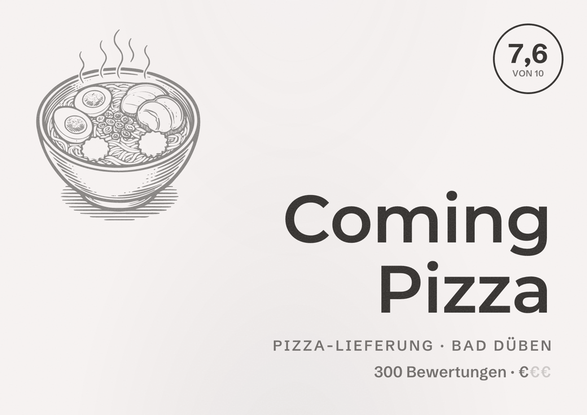 Illustriertes Poster von Coming Pizza, Pizza-Lieferung in Bad Düben: Bewertung 7,6 von 10 aus 300 Bewertungen, Preisniveau €