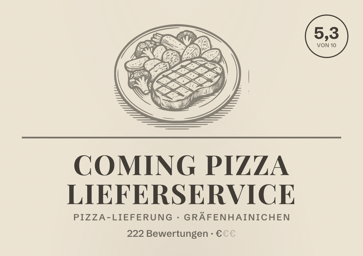 Illustriertes Poster von Coming Pizza Lieferservice, Pizza-Lieferung in Gräfenhainichen: Bewertung 5,3 von 10 aus 222 Bewertungen, Preisniveau €