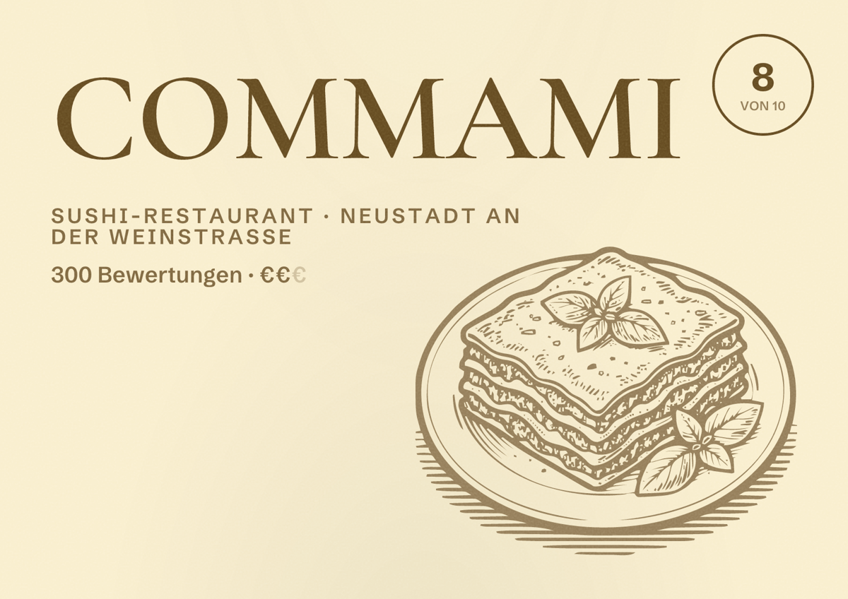 Illustriertes Poster von COMMAMI, Sushi-Restaurant in Neustadt an der Weinstraße: Bewertung 8 von 10 aus 300 Bewertungen, Preisniveau €€