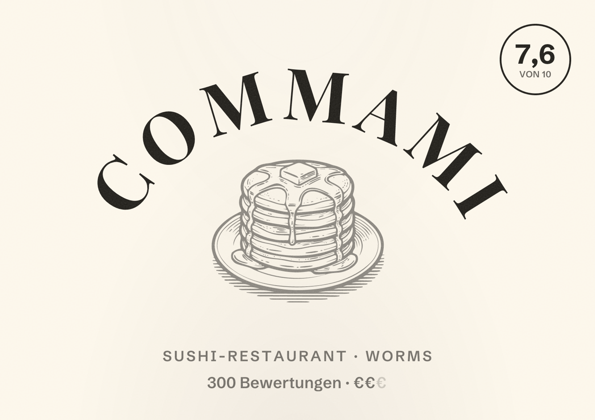 Illustriertes Poster von ComMami, Sushi-Restaurant in Worms: Bewertung 7,6 von 10 aus 300 Bewertungen, Preisniveau €€