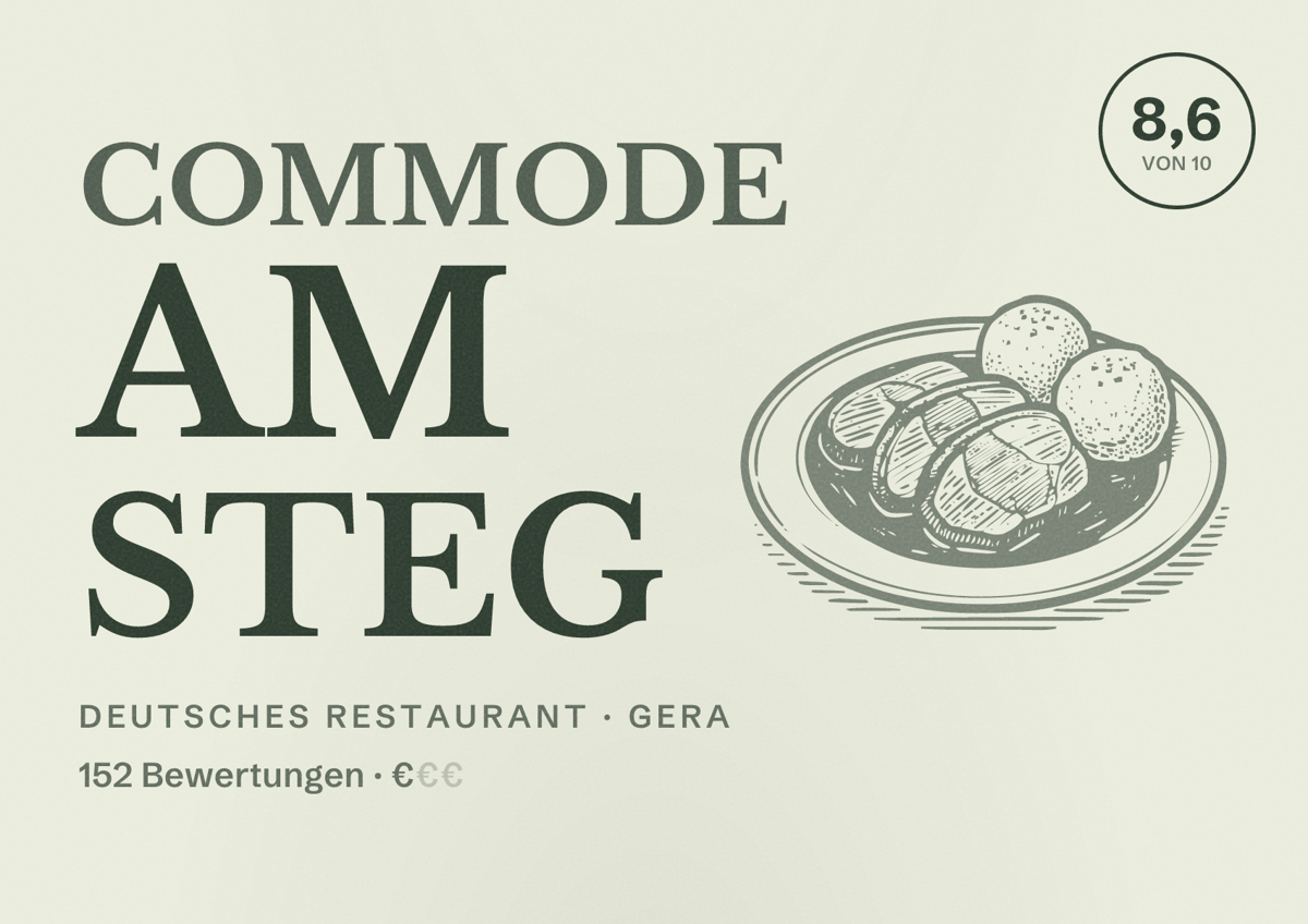 Illustriertes Poster von Commode am Steg, Deutsches Restaurant in Gera: Bewertung 8,6 von 10 aus 152 Bewertungen, Preisniveau €