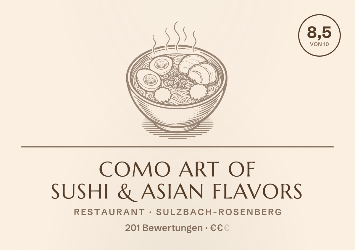 Illustriertes Poster von COMO Art of Sushi & Asian Flavors, Restaurant in Sulzbach-Rosenberg: Bewertung 8,5 von 10 aus 201 Bewertungen, Preisniveau €€
