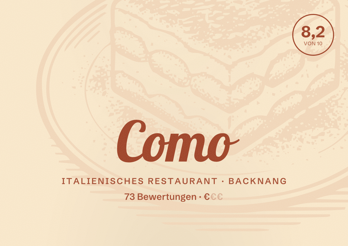 Illustriertes Poster von Como, Italienisches Restaurant in Backnang: Bewertung 8,2 von 10 aus 73 Bewertungen, Preisniveau €