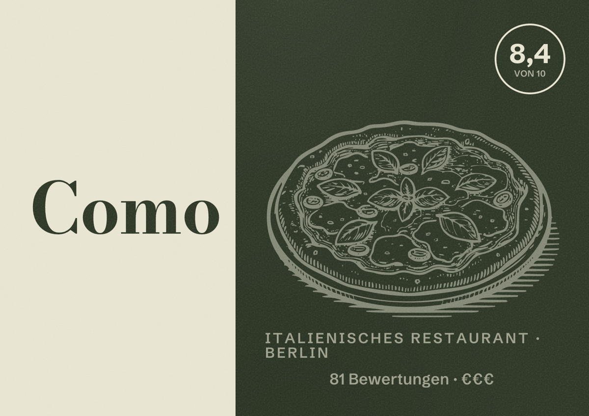 Illustriertes Poster von Como, Italienisches Restaurant in Berlin: Bewertung 8,4 von 10 aus 81 Bewertungen, Preisniveau €€€